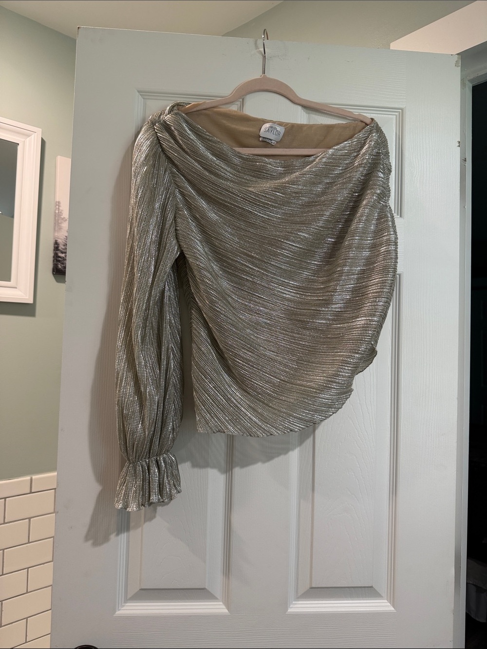 SAYLOR Shimmery Silver One-Shoulder Draped Top